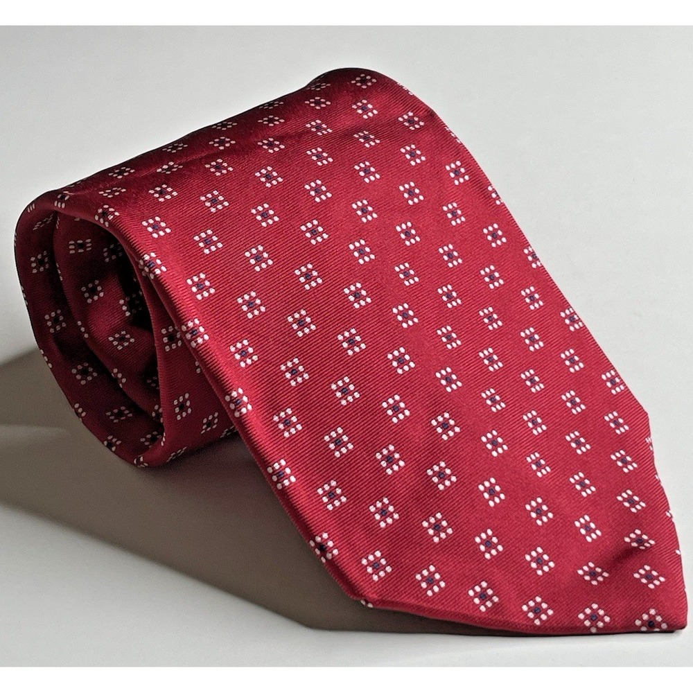 Tommy Hilfiger Red Squares Blue Dots 100% Silk Men's Neck Tie USA Made 56" x 4"
